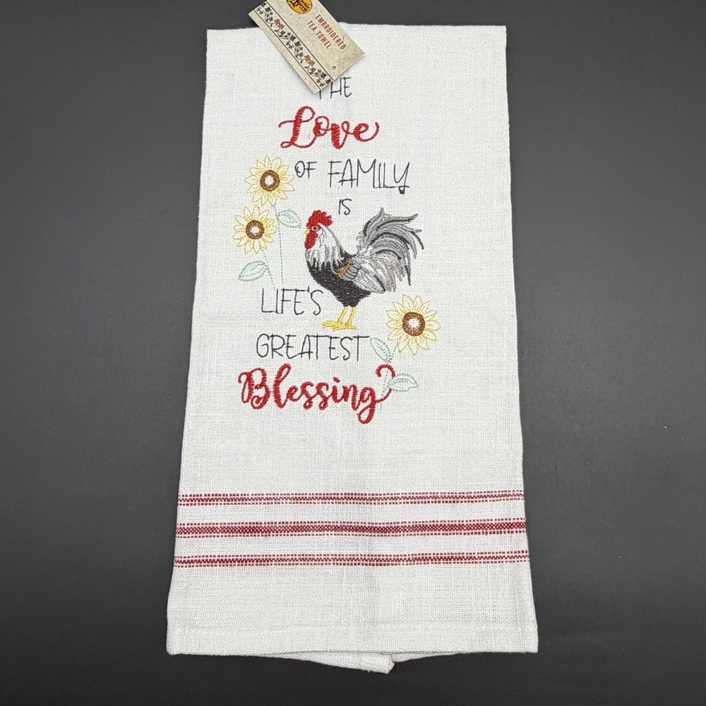 Cracker Barrel Farmhouse Rooster Embroidered Kitchen Tea Towel Family Love Decor